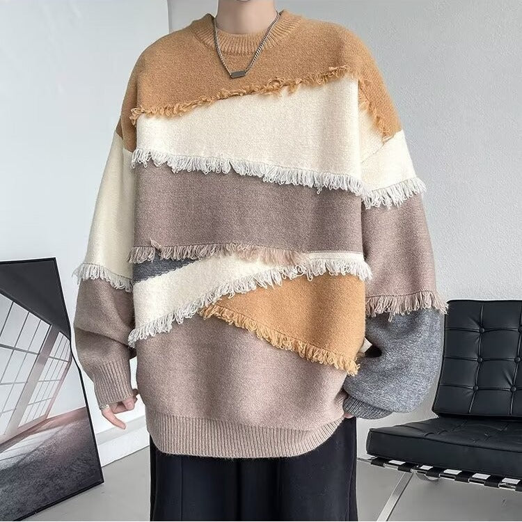 Italian Colorblock O Neck Tasseled Patchwork Knit Sweaters Top Fall