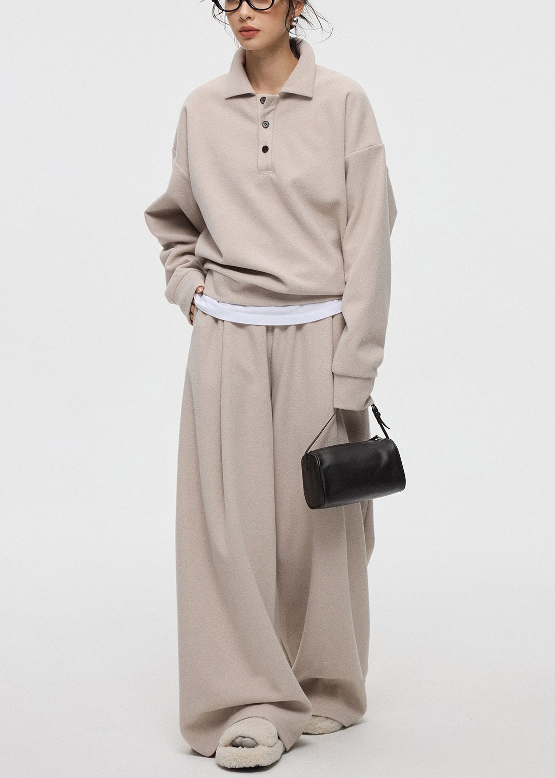 Oatmeal Button Tops and Wide Leg Pants Cashmere Two Pieces Set Peter Pan Collar