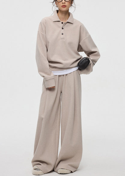 Oatmeal Button Tops and Wide Leg Pants Cashmere Two Pieces Set Peter Pan Collar