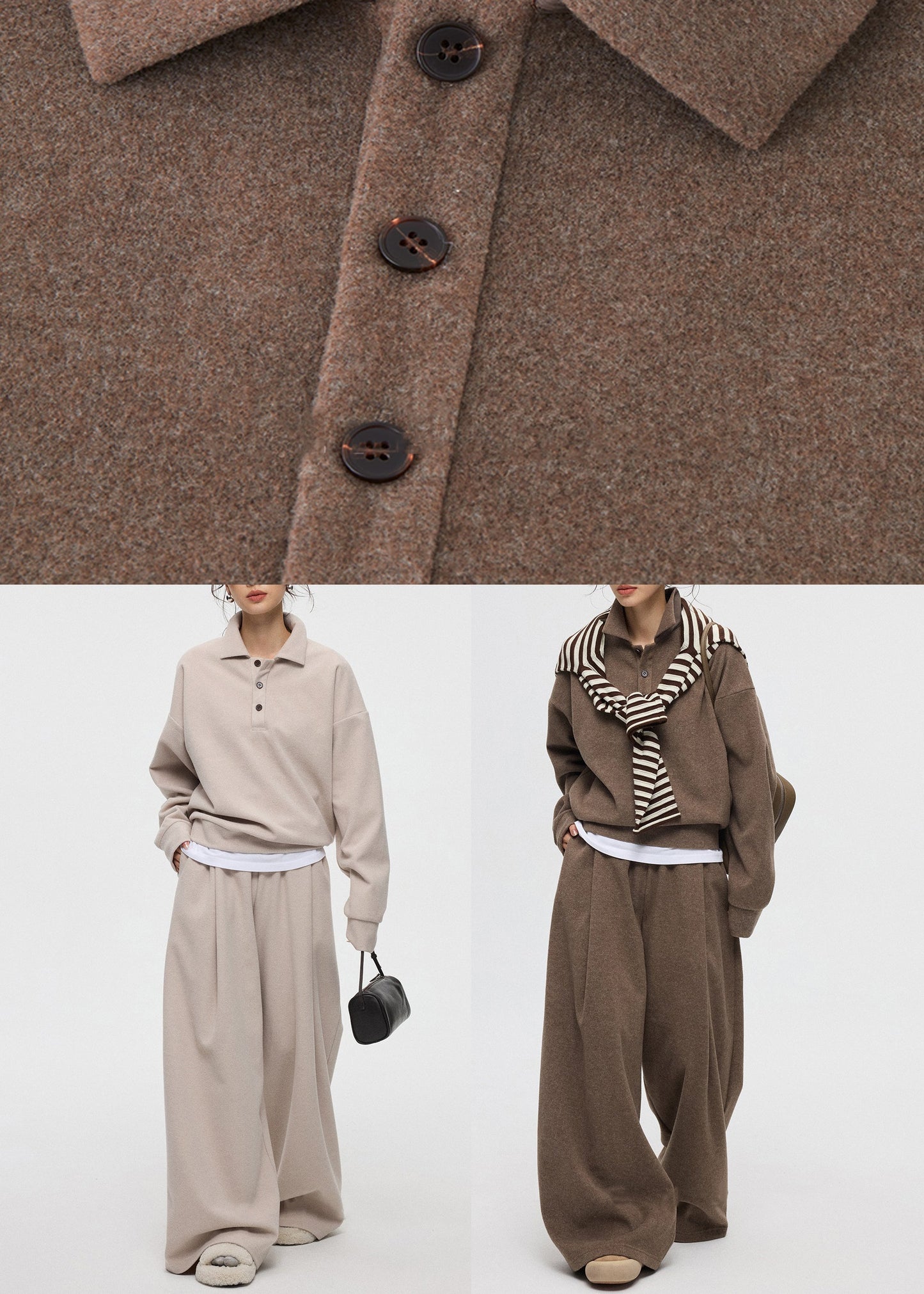 Oatmeal Button Tops and Wide Leg Pants Cashmere Two Pieces Set Peter Pan Collar