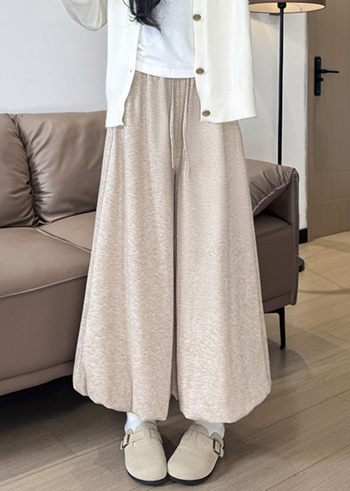 Oatmeal Elastic Waist Cotton Wide Leg Pants Pockets
