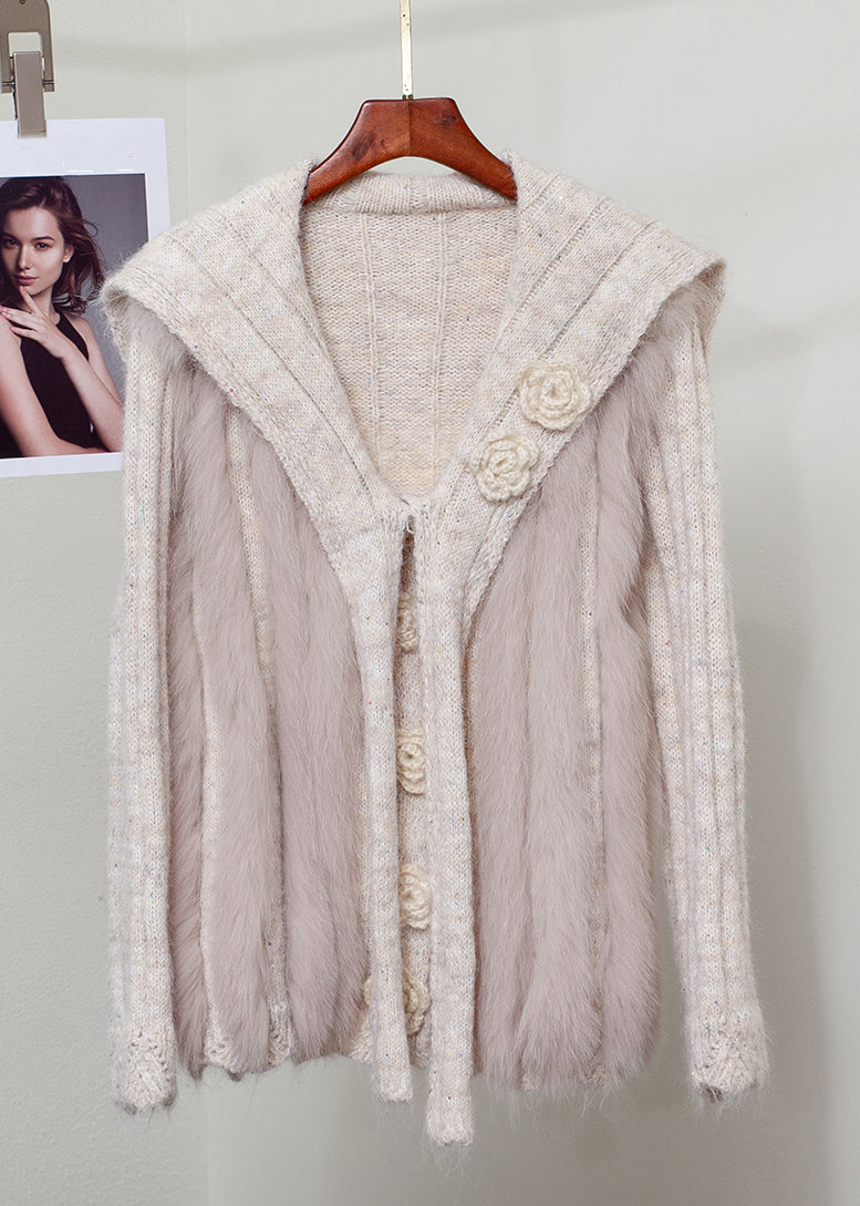 Oatmeal Patchwork Knit Winter Sweaters Fox Fur