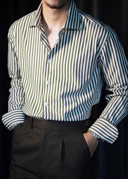 Olive Green Button Cotton Fall Men Shirts Peter Pan Collar
