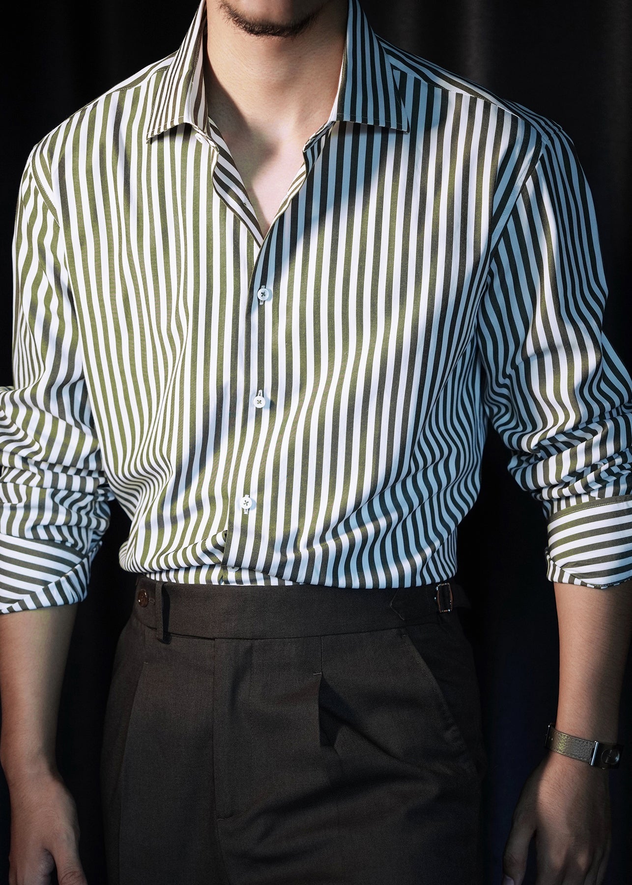 Olive Green Button Cotton Fall Men Shirts Peter Pan Collar