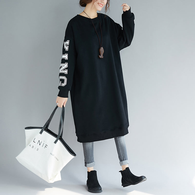 Omychic Black Cotton Dress Spring O Neck Gown Alphabet Prints Cotton Clothing Dress