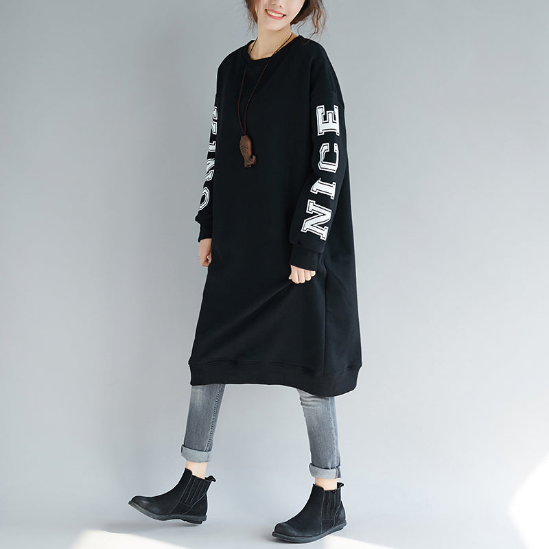 Omychic Black Cotton Dress Spring O Neck Gown Alphabet Prints Cotton Clothing Dress
