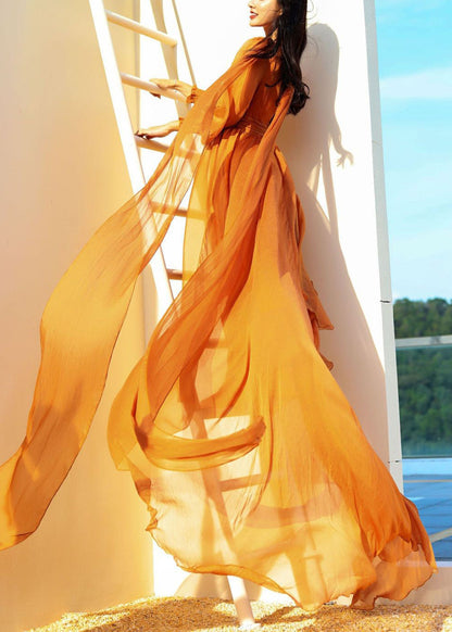Orange Backless Chiffon Spring Maxi Dresses V Neck