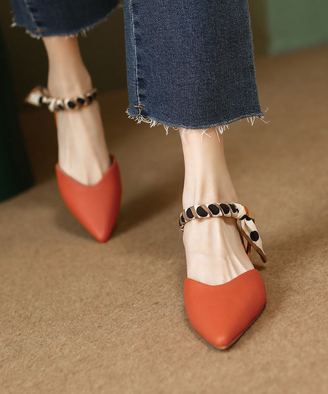 Orange Best Sandals for Walking Buckle Strap Splicing Chunky Pointed Toe