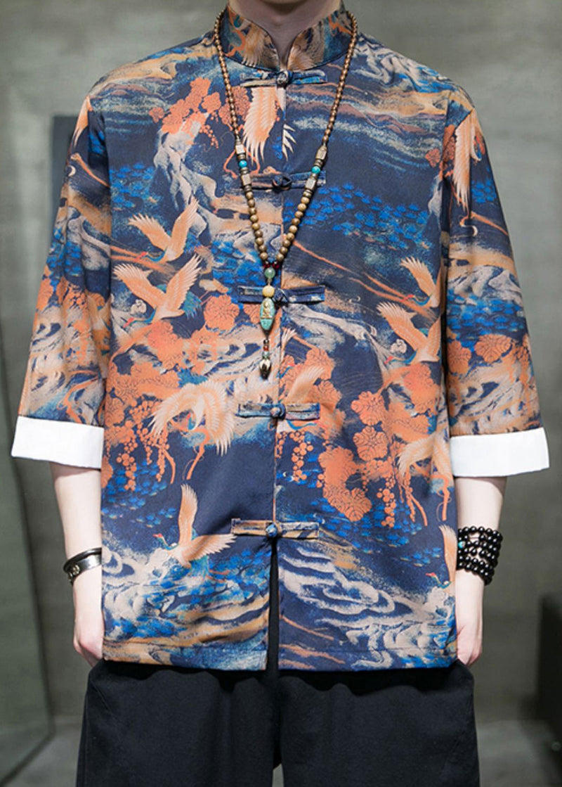 Orange Button Ice Silk Shirt Stand Collar Fall