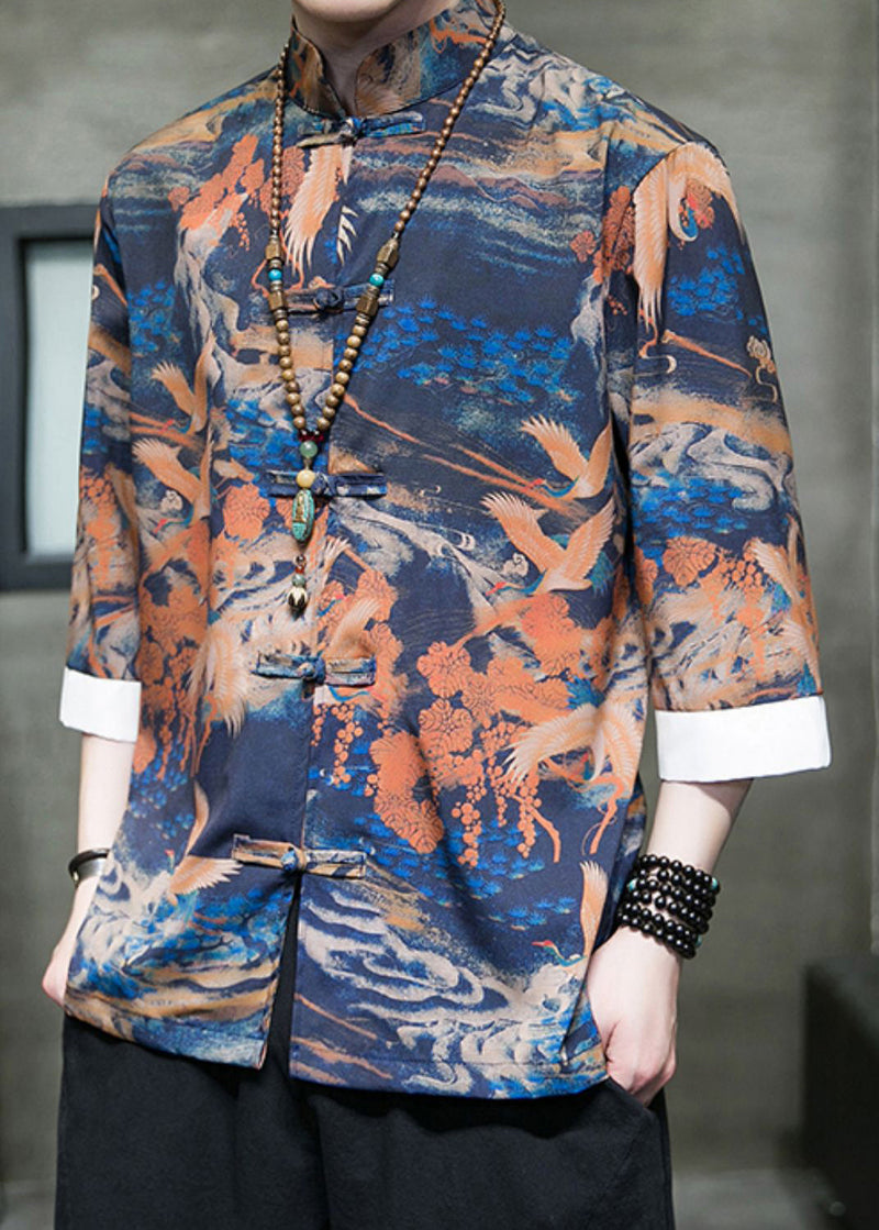 Orange Button Ice Silk Shirt Stand Collar Fall