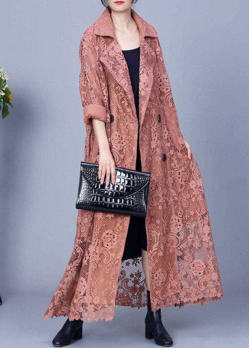 Orange Button Pockets Long Trench Coat Embroidered Spring