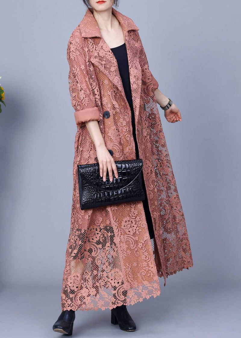 Orange Button Pockets Long Trench Coat Embroidered Spring