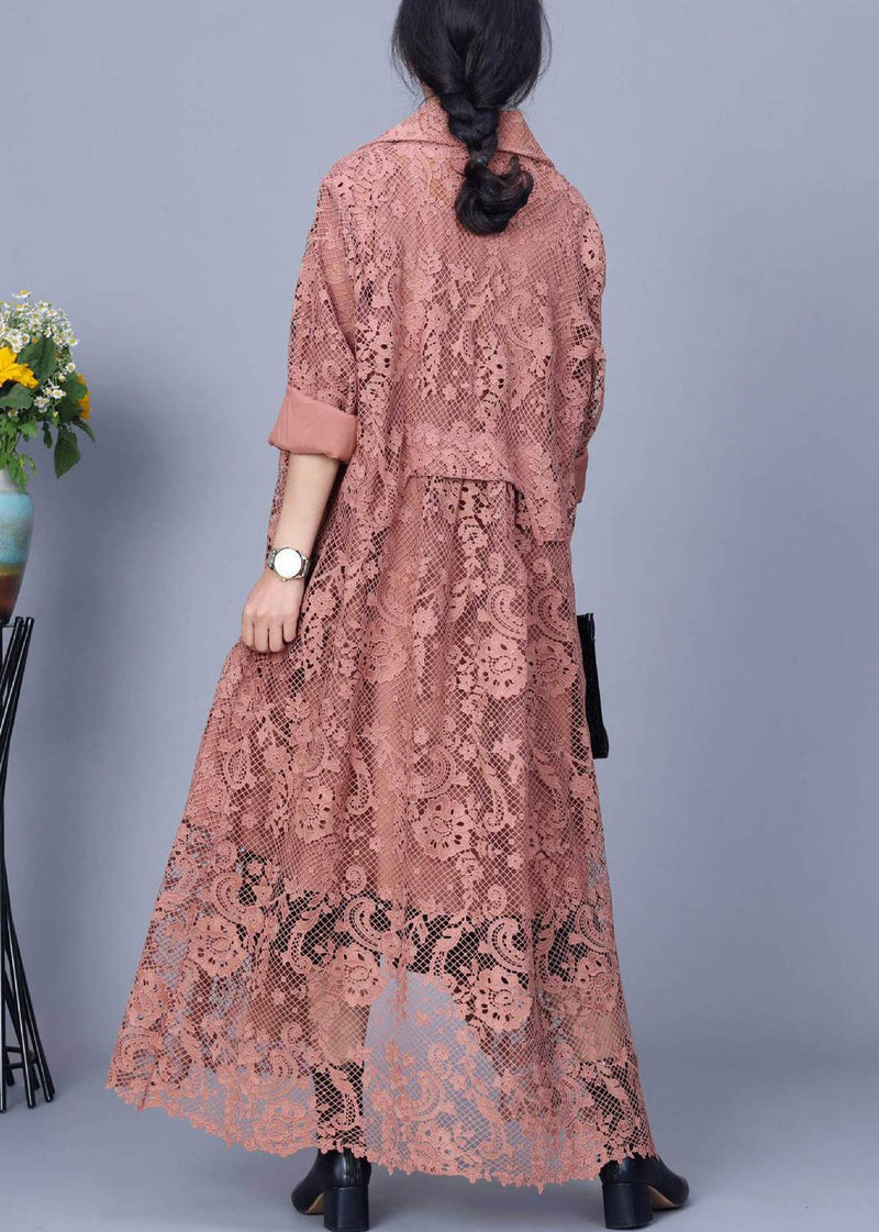 Orange Button Pockets Long Trench Coat Embroidered Spring