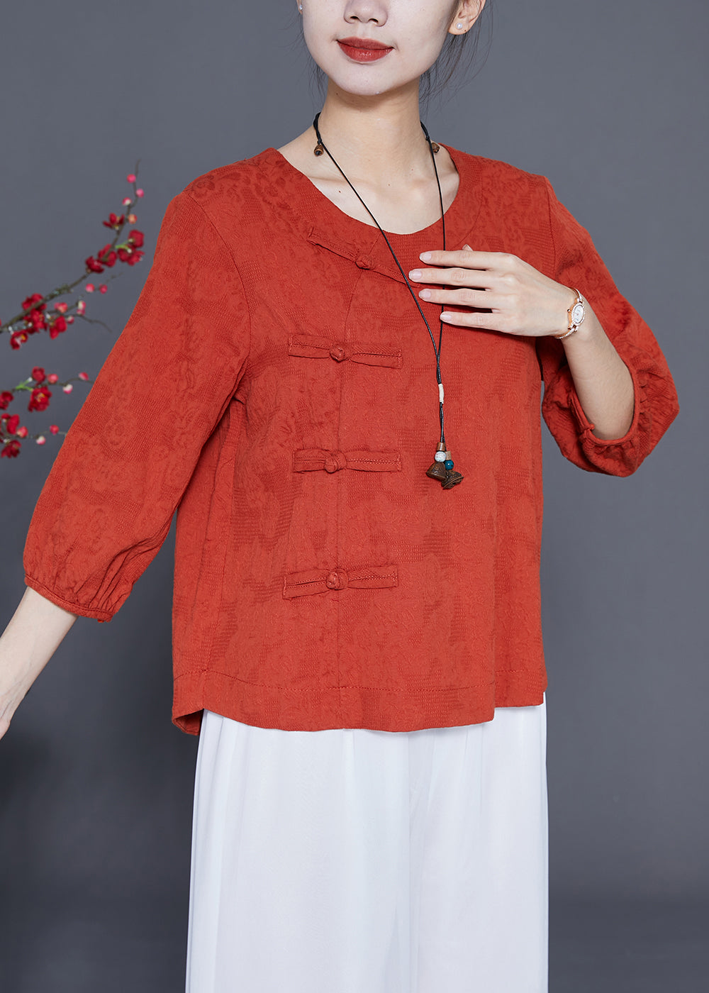 Orange Cotton Blouse Tops O-neck Chinese Button Bracelet Sleeve