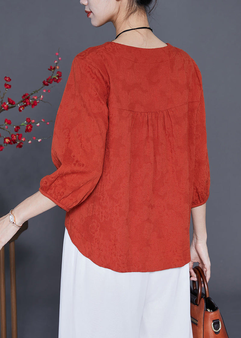 Orange Cotton Blouse Tops O-neck Chinese Button Bracelet Sleeve
