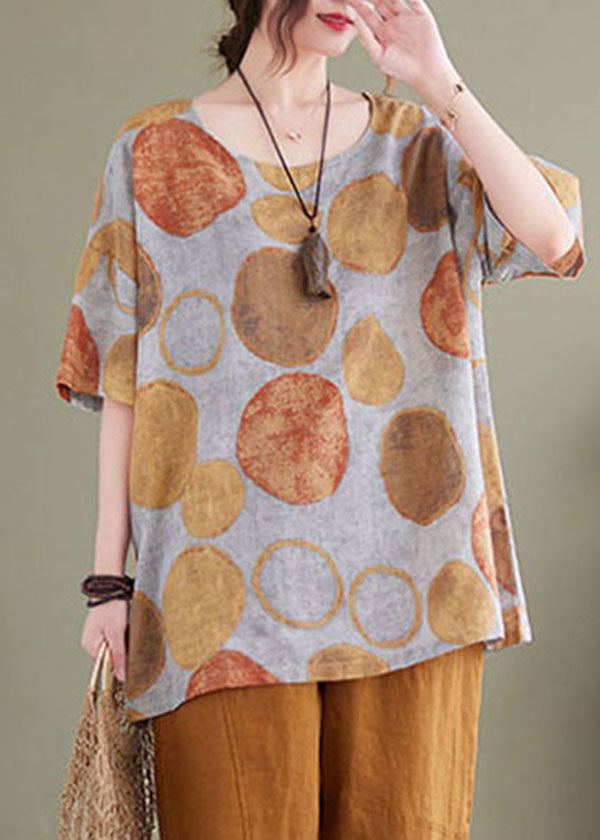 Orange Dot Print Linen Loose Tank Tops O-neck Short Sleeve