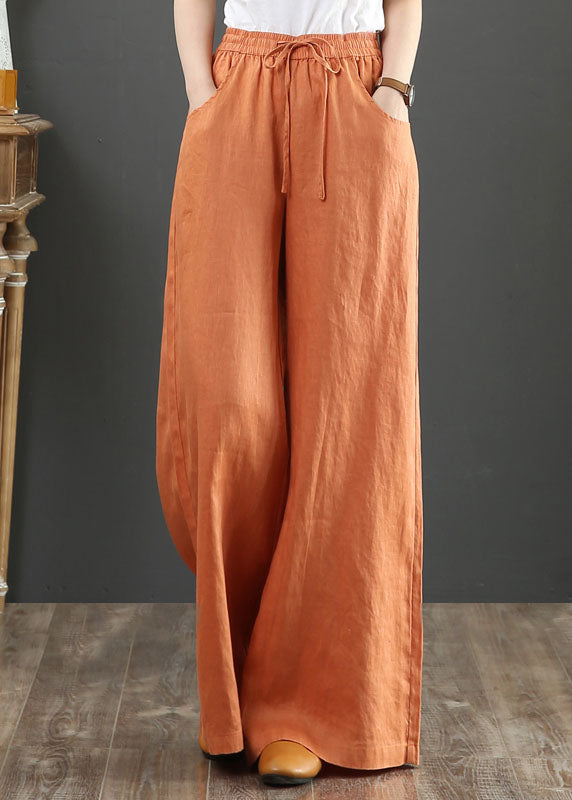Orange-print1 Elastic Waist Linen Straight Pants Color Drawstring Summer