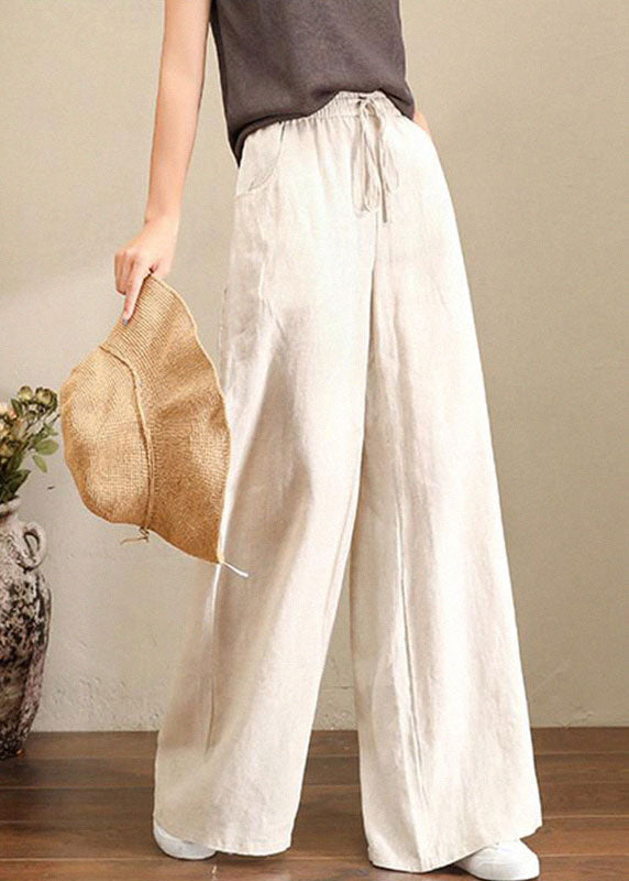 Orange Elastic Waist Linen Straight Pants Color Drawstring Summer
