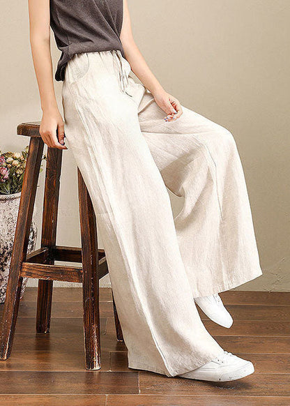 Orange Elastic Waist Linen Straight Pants Color Drawstring Summer