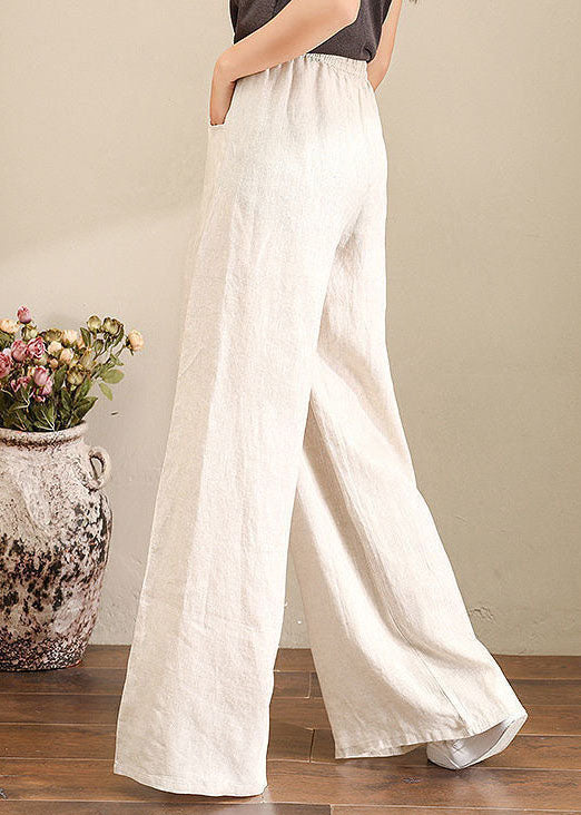 Orange-print2 Elastic Waist Linen Straight Pants Color Drawstring Summer