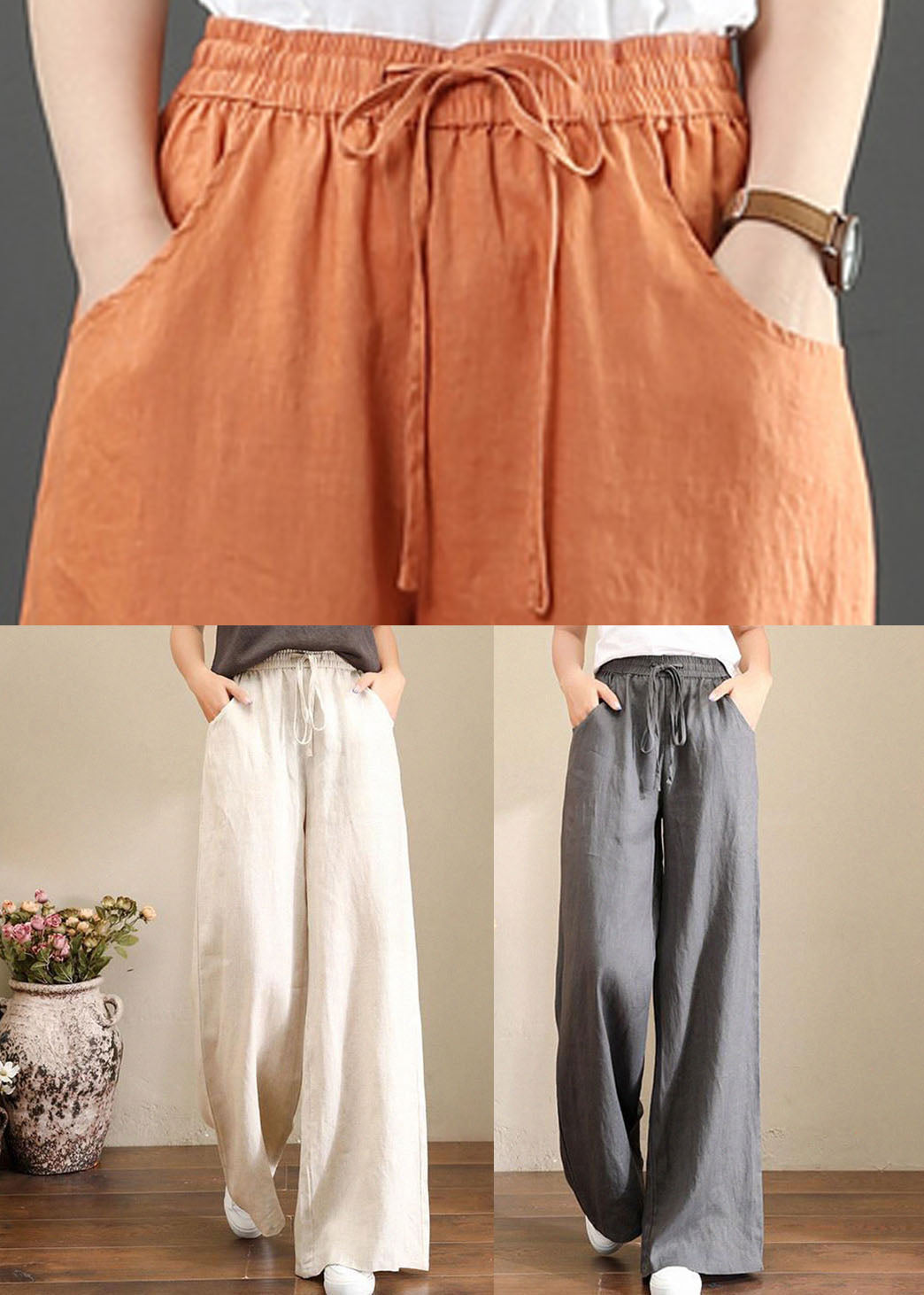 Orange-print2 Elastic Waist Linen Straight Pants Color Drawstring Summer