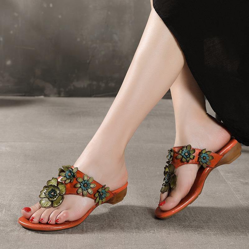 Orange Cowhide Leather Thong Flip Flops