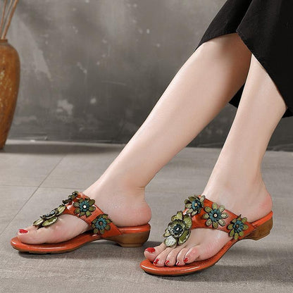 Orange Cowhide Leather Thong Flip Flops
