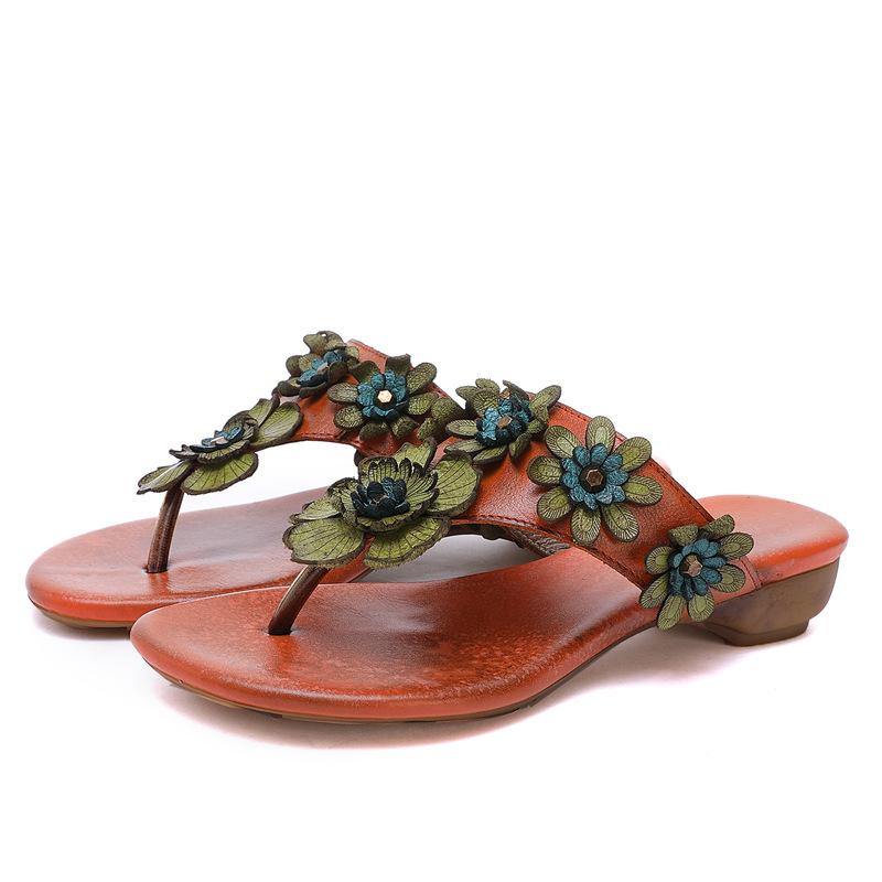 Orange Cowhide Leather Thong Flip Flops