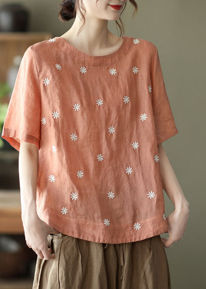 Orange Embroideried Linen Blouses Top Short Sleeve