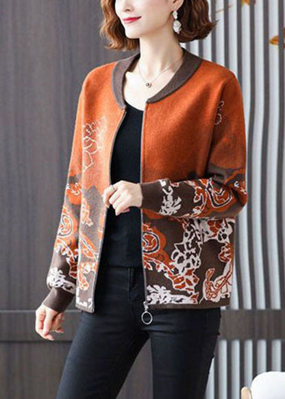Orange Jacquard Knit Coat Outwear O-neck Zip Up Long Sleeve