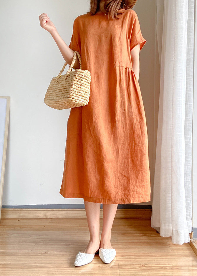 Orange Linen Blouse Top O-neck Cinched Short Sleeve