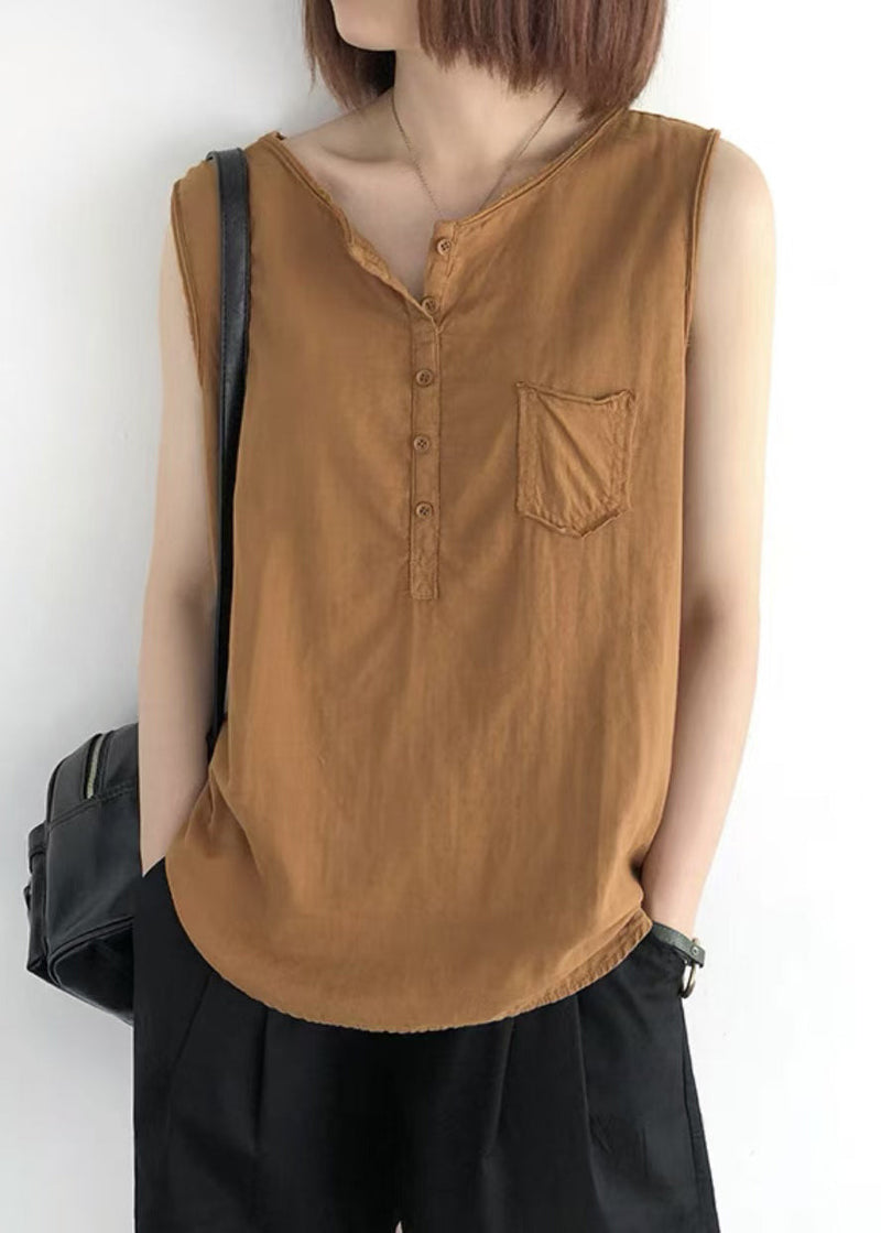 Orange Linen Tops O-neck Pocket Sleeveless