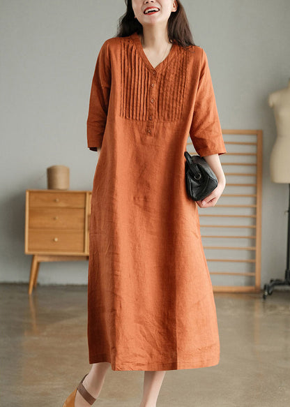 White Print8 Loose Linen Long Dresses Button Half Sleeve