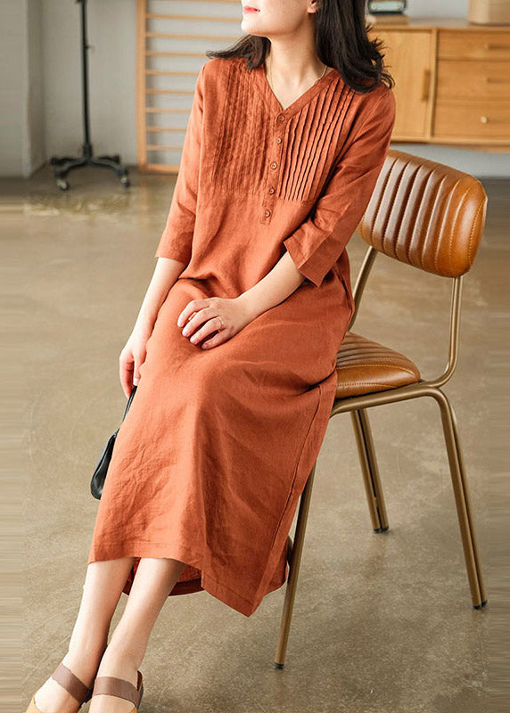 Blue Print10 Loose Linen Long Dresses Button Half Sleeve