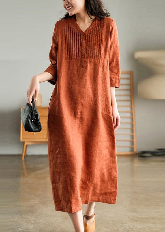 White Print9 Loose Linen Long Dresses Button Half Sleeve