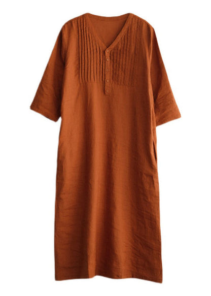 Blue Print10 Loose Linen Long Dresses Button Half Sleeve