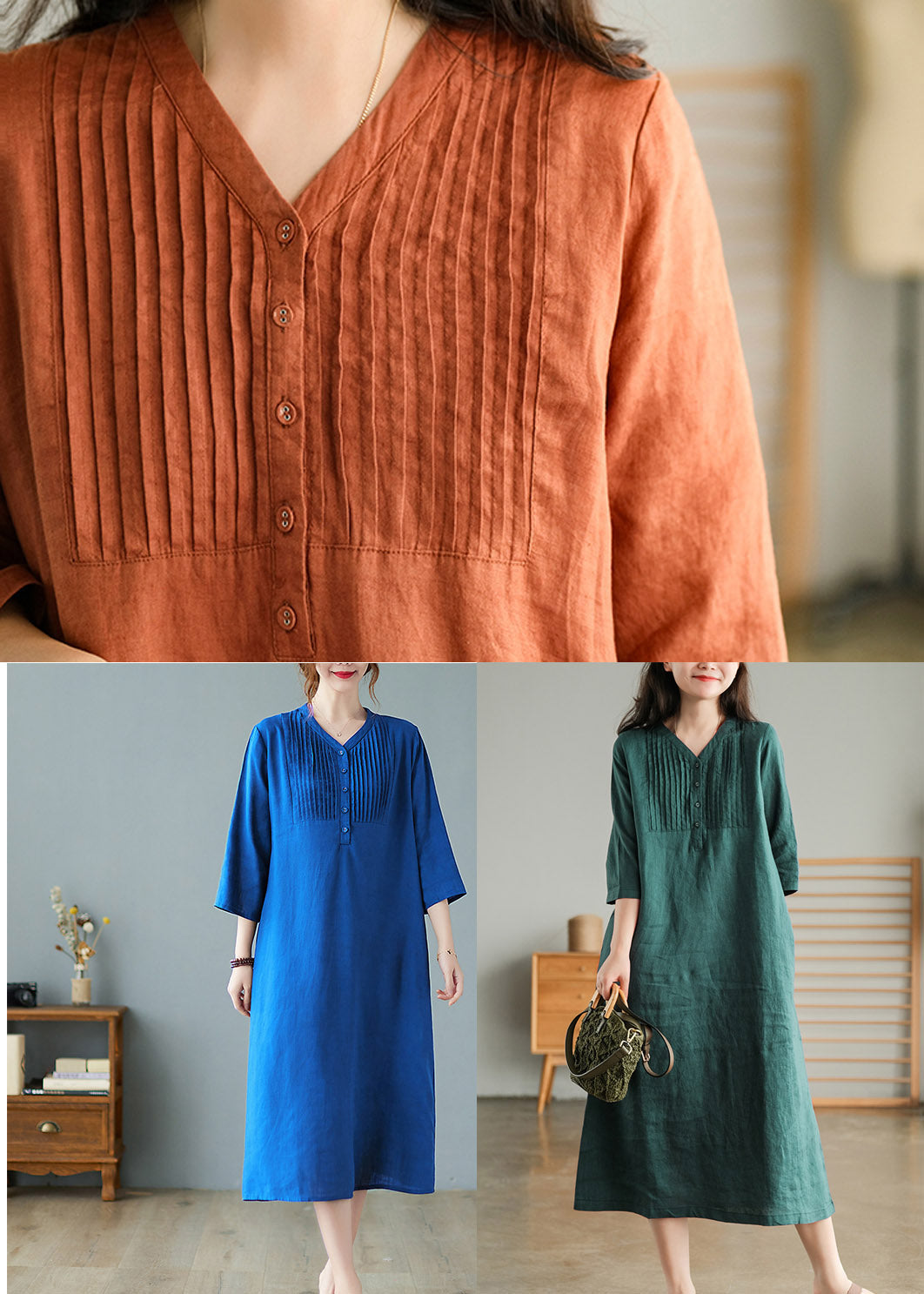 Orange Loose Linen Long Dresses Button Half Sleeve
