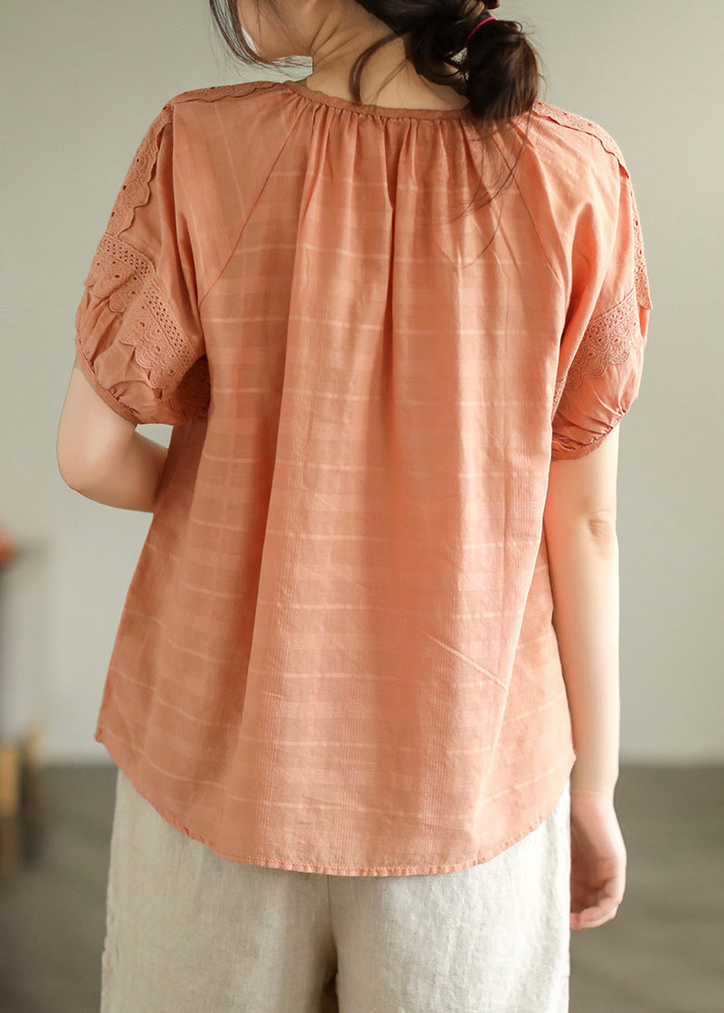 Orange O-neck Button Cotton Top Summer