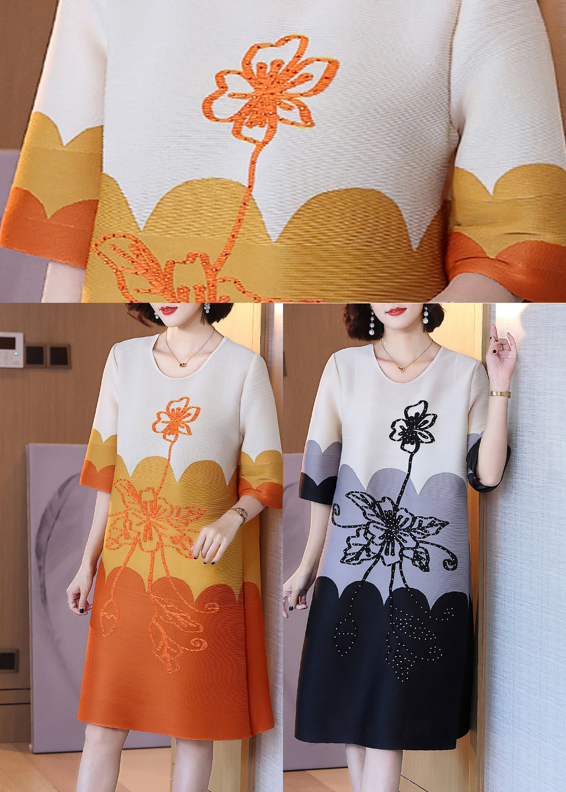 Orange O-neck Print Maxi Dress Half Sleeve