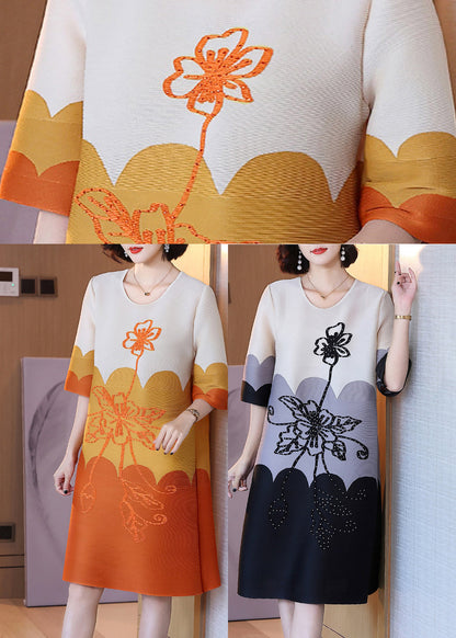 Orange O-neck Print Maxi Dress Half Sleeve