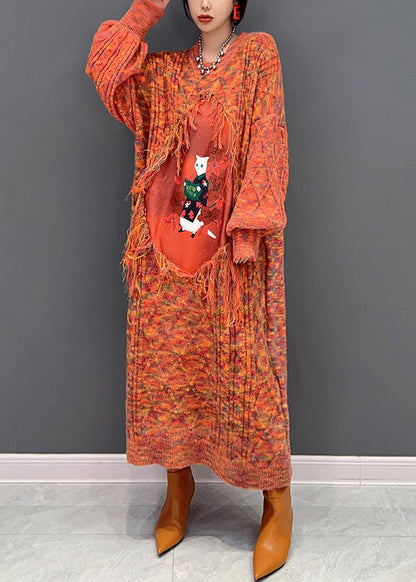 Orange O-neck Tassel Knit Holiday Maxi Sweaters Dress Winter