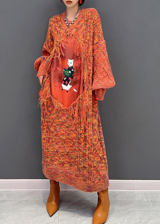 Orange O-neck Tassel Knit Holiday Maxi Sweaters Dress Winter