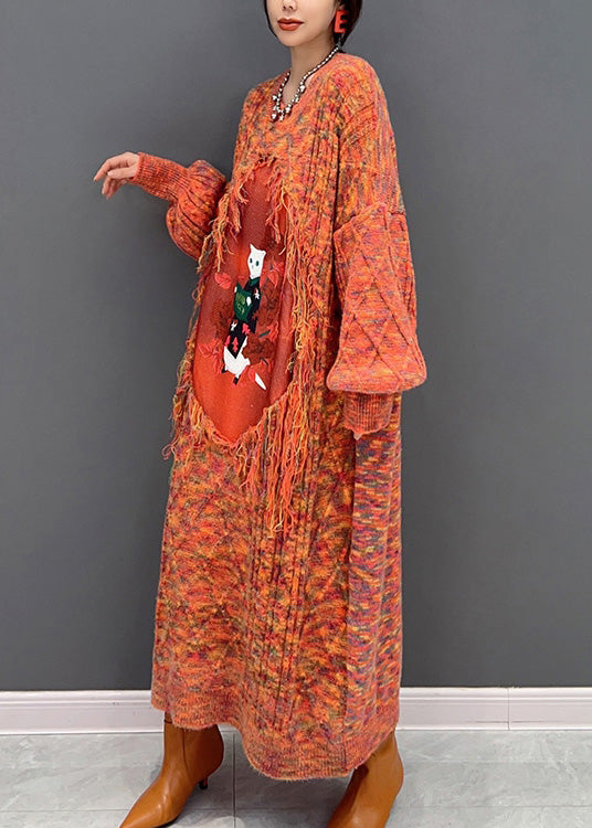 Orange O-neck Tassel Knit Holiday Maxi Sweaters Dress Winter