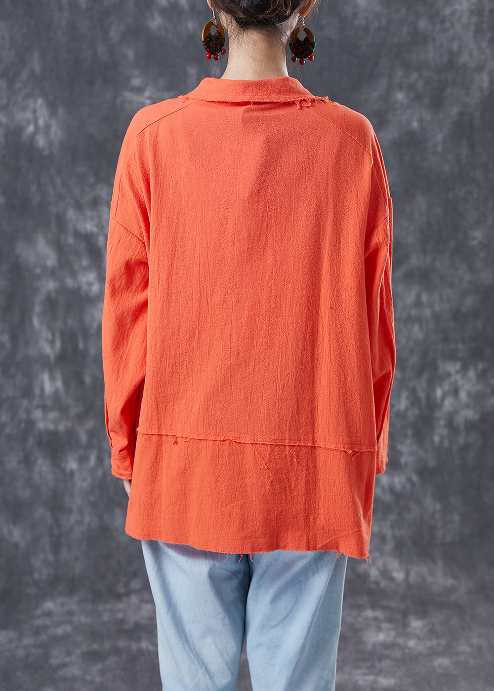 Orange Patchwork Linen Shirt Tops Peter Pan Collar Summer