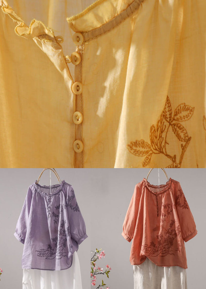 Orange Patchwork Linen T Shirt Embroideried O-neck Half Sleeve