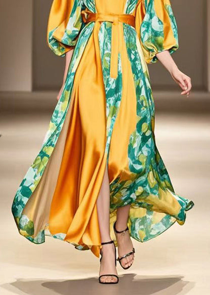 Orange Patchwork Silk Vacation Dresses Exra Large Hem Bracelet Sleeve