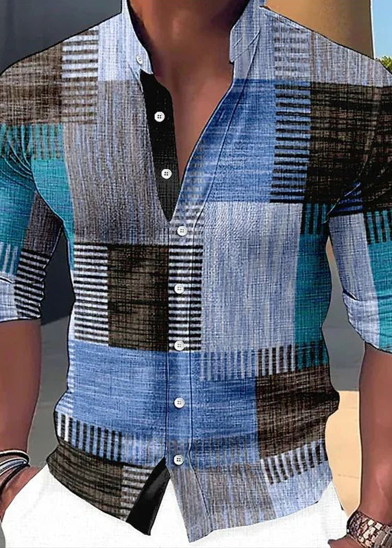 Orange Plaid Button Cotton Shirts Stand Collar Fall