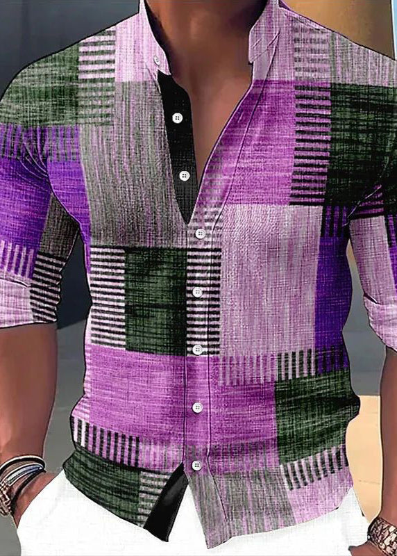 Orange Plaid Button Cotton Shirts Stand Collar Fall