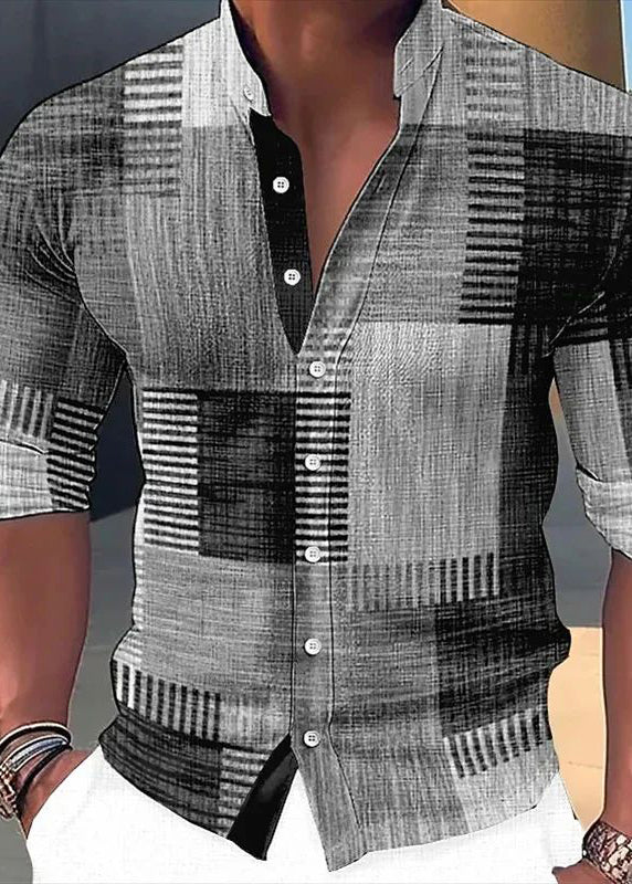 Orange Plaid Button Cotton Shirts Stand Collar Fall