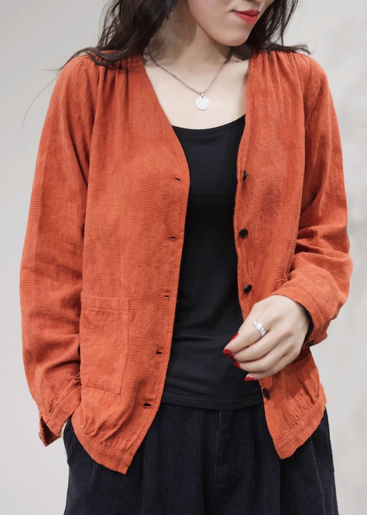 Orange Pockets Cotton Coat Coats V Neck Fall